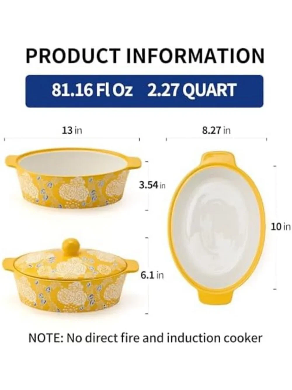 Yellow Ceramic Casserole Dish with Lid - Oval Baking Pan for Lasagna & Bread